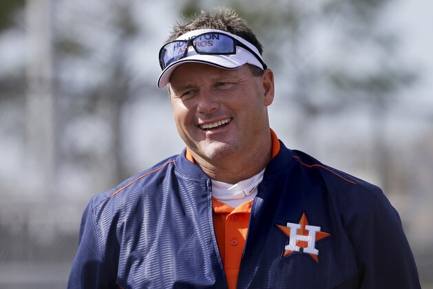 Former Houston Astros pitcher and current special assistant to the general manager, Roger Clemens, attends the Astros' spring training baseball workout, Saturday, Feb. 21, 2015, in Kissimmee, Fla. (AP Photo/David Goldman)