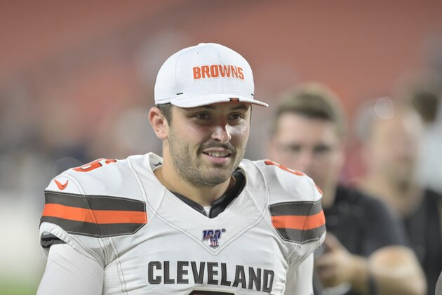 Cleveland Browns quarterback Baker Mayfield walks off the field after an NFL preseason football game against the Washington Redskins, Thursday, Aug. 8, 2019, in Cleveland. Cleveland won 30-10. (AP Photo/David Richard)