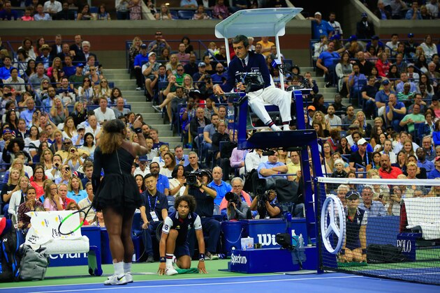 NEW YORK, NY - SEPTEMBER 08:  Serena Williams of the United States argues with umpire Carlos Ramos during her Women's Singles finals match against Naomi Osaka of Japan on Day Thirteen of the 2018 US Open at the USTA Billie Jean King National Tennis Center on September 8, 2018 in the Flushing neighborhood of the Queens borough of New York City.  (Photo by Chris Trotman/Getty Images for USTA)