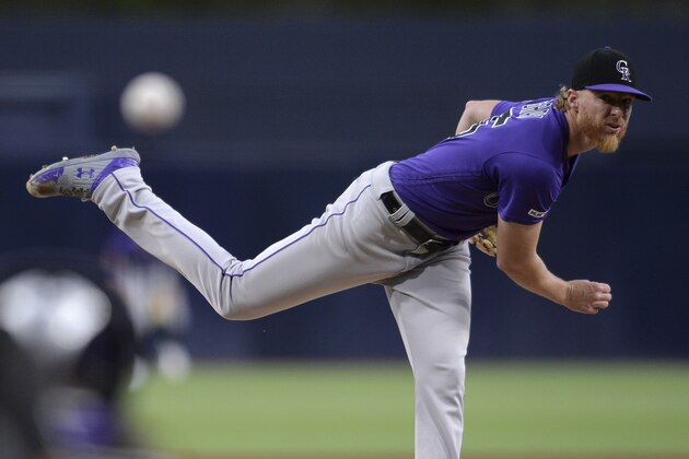 Colorado Rockies starting pitcher Jon Gray works against a San Diego Padres batter during the first inning of a baseball game Thursday, Aug. 8, 2019, in San Diego. (AP Photo/Orlando Ramirez)