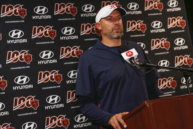 Chicago Bears head coach Matt Nagy answers questions during a news conference after the New York Giants defeated the Chicago Bears 32-13 in a preseason NFL football game, Friday, Aug. 16, 2019, in East Rutherford, N.J. (AP Photo/Adam Hunger)
