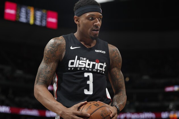 Washington Wizards guard Bradley Beal (3) in the second half of an NBA basketball game Sunday, March 31, 2019, in Denver. The Wizards won 95-90. (AP Photo/David Zalubowski)