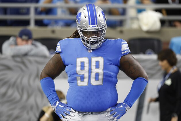 Detroit Lions defensive tackle Damon Harrison Sr., is seen during pregame of an NFL football game against the Seattle Seahawks, Sunday, Oct. 28, 2018, in Detroit. (AP Photo/Carlos Osorio)