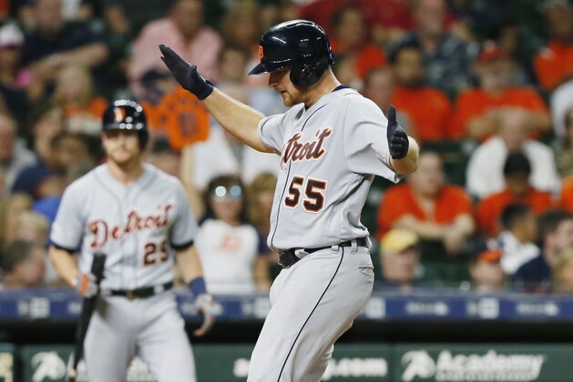 HOUSTON, TEXAS - AUGUST 21: John Hicks #55 of the Detroit Tigers hits a home run in the ninth inning against the Houston Astros at Minute Maid Park on August 21, 2019 in Houston, Texas. (Photo by Bob Levey/Getty Images)