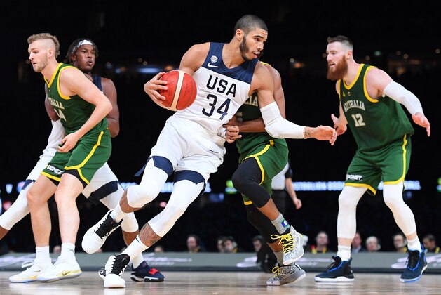 MELBOURNE, AUSTRALIA - AUGUST 22: Jayson Tatum of the USA controls the ball during the International Basketball Friendly match between the Australian Boomers and Team USA United States of America at Marvel Stadium on August 22, 2019 in Melbourne, Australia. (Photo by Quinn Rooney/Getty Images)