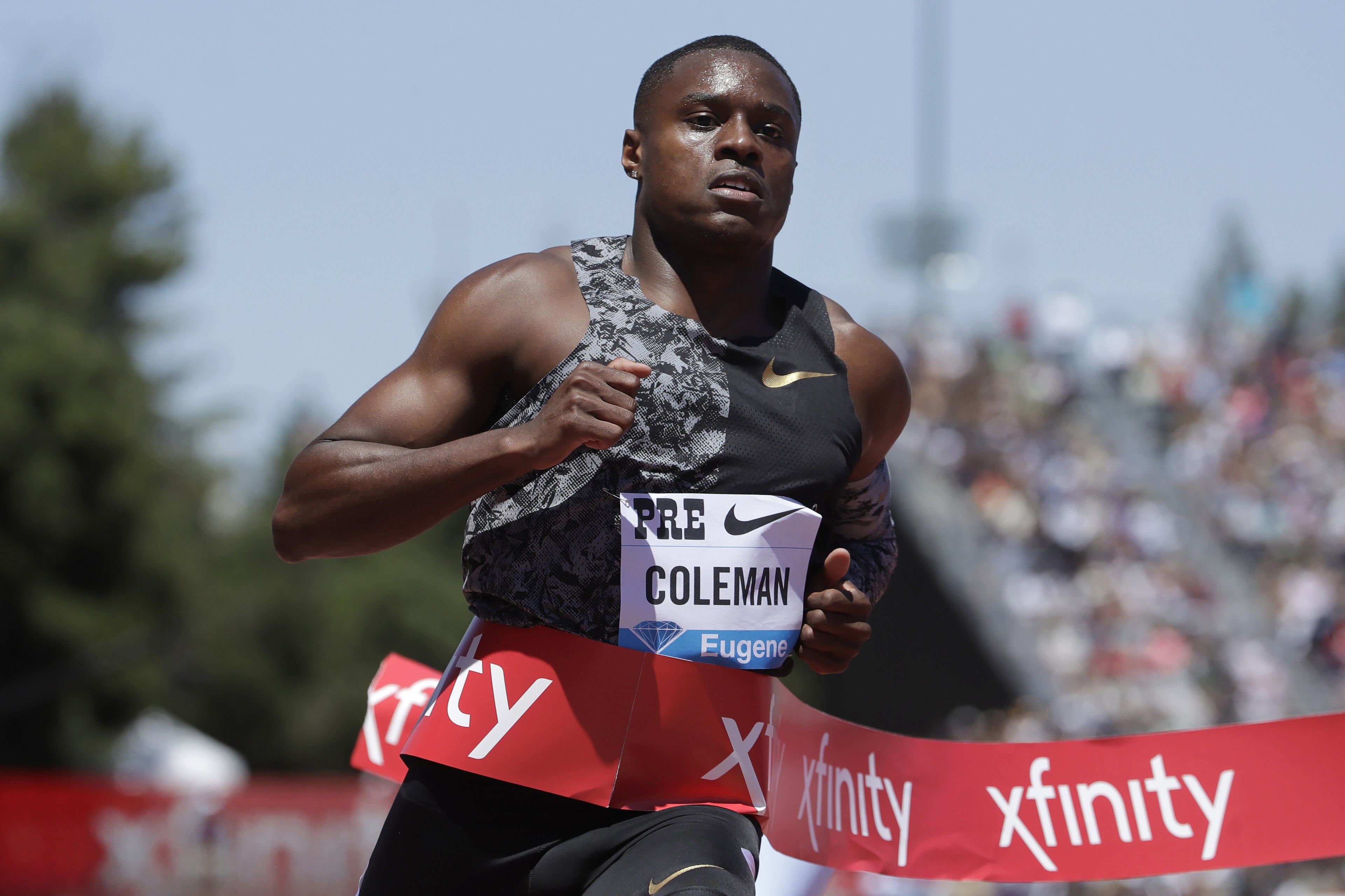 FILE - In this June 30, 2019, file photo, United States' Christian Coleman wins the men's 100-meter race at the Prefontaine Classic IAAF Diamond League athletics meet in Stanford, Calif. Olympic gold-medal sprint contender Christian Coleman could be subject to an anti-doping sanction for missing drug tests, The Associated Press has learned. Two people familiar with Coleman’s case told AP the sprinter faces a case involving three “whereabouts failures” over a 12-month period, which can be treated as a positive test. The people did not want their names used because cases are considered confidential. (AP Photo/Jeff Chiu, File)