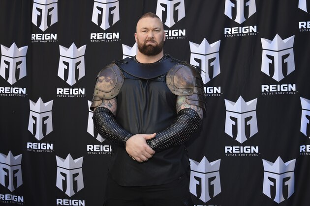 Actor Hafthor Bjornsson participates in the launch of Monster Energy's Reign Total Body Fuel at Greeley Square Park on Tuesday, April 16, 2019, in New York. (Photo by Evan Agostini/Invision/AP)