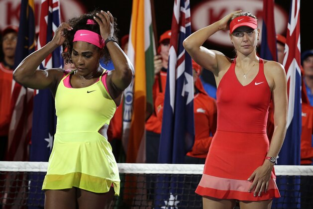FILE - In this Saturday, Jan. 31, 2015 file photo, winner Serena Williams of the U.S., left, and runner-up Maria Sharapova of Russia, right, wait for the trophy presentation after the women's singles final at the Australian Open tennis championship in Melbourne, Australia. Sharapova has been suspended for two years by the International Tennis Federation for testing positive for meldonium at the Australian Open. The ruling, announced Wednesday, June 8, 2016 can be appealed to the Court of Arbitration for Sport. (AP Photo/Vincent Thian, File)