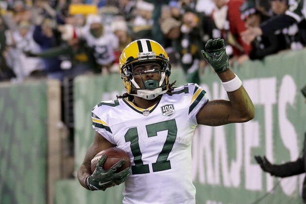 Green Bay Packers wide receiver Davante Adams reacts after catching the game-winning touchdown during overtime of an NFL football game against the New York Jets, Sunday, Dec. 23, 2018, in East Rutherford, N.J. The Packers won 44-38 in overtime. (AP Photo/Seth Wenig)