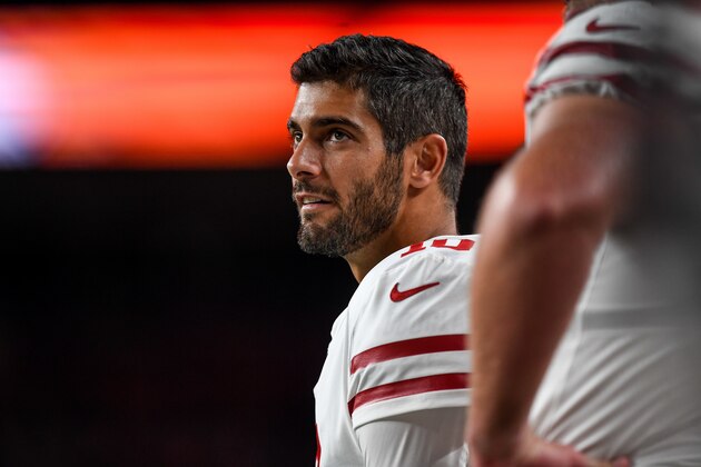 DENVER, CO - AUGUST 19:  Quarterback Jimmy Garoppolo #10 of the San Francisco 49ers looks on from the sideline in the third quarter during a preseason National Football League game against the Denver Broncos at Broncos Stadium at Mile High on August 19, 2019 in Denver, Colorado. (Photo by Dustin Bradford/Getty Images)