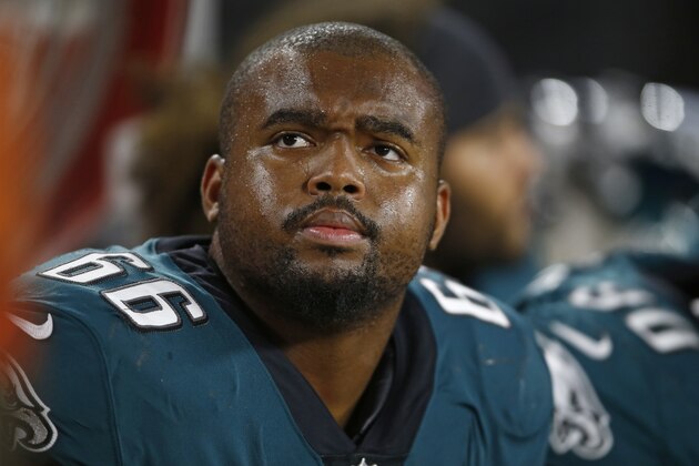 Philadelphia Eagles defensive tackle Bruce Hector watches during the second half of an NFL preseason football game against the Cleveland Browns, Thursday, Aug. 23, 2018, in Cleveland. (AP Photo/Ron Schwane)
