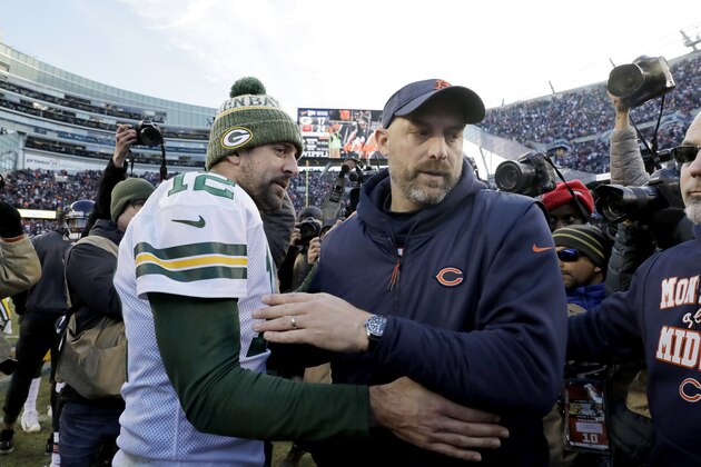 Green Bay Packers quarterback Aaron Rodgers (12) talks to Chicago Bears head coach Matt Nagy after an NFL football game Sunday, Dec. 16, 2018, in Chicago. The Bears won 24-17. (AP Photo/Nam Y. Huh)