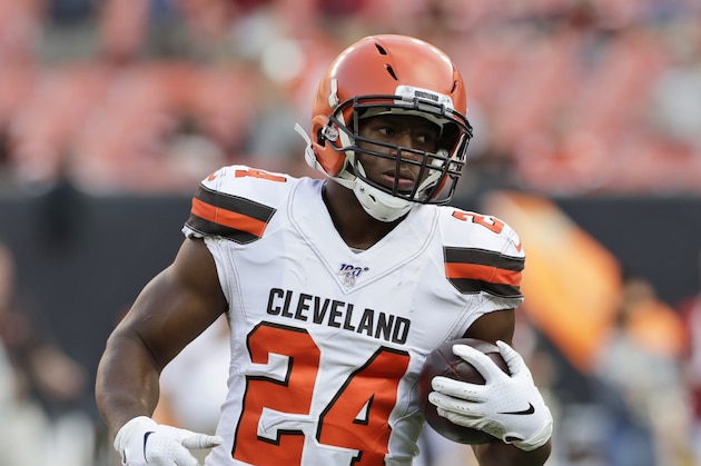 Cleveland Browns running back Nick Chubb warms up before an NFL preseason football game between the Washington Redskins and the Cleveland Browns, Thursday, Aug. 8, 2019, in Cleveland. (AP Photo/Ron Schwane)