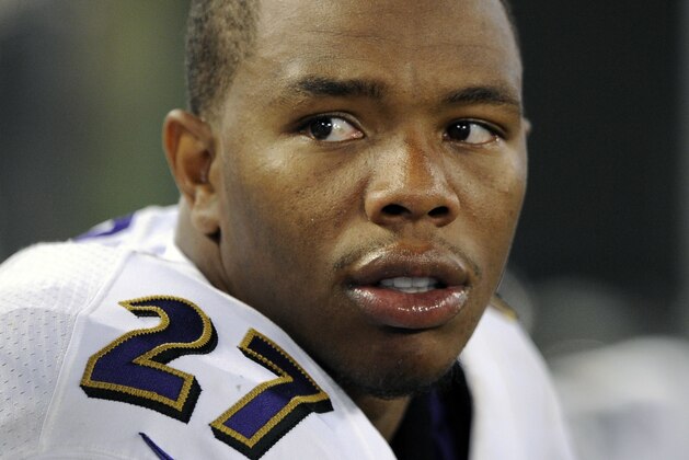 FILE - In this Aug. 7, 2014, file photo, Baltimore Ravens running back Ray Rice sits on the sideline in the first half of an NFL preseason football game against the San Francisco 49ers in Baltimore. Unsigned for two years since the release of the horrific video of him punching his then-fiancee, Rice says his second chance has come through a choice to speak out against domestic violence.  (AP Photo/Nick Wass, File)