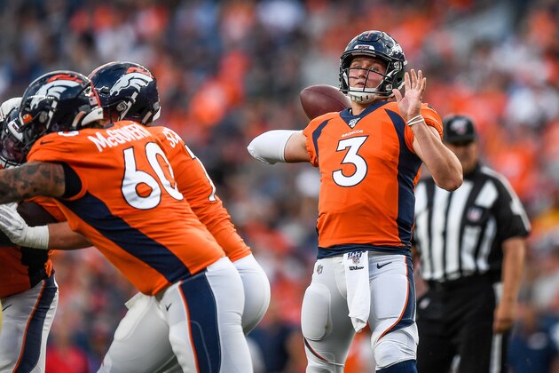 DENVER, CO - AUGUST 19:  Quarterback Drew Lock #3 of the Denver Broncos passes against the San Francisco 49ers in the second quarter during a preseason National Football League game at Broncos Stadium at Mile High on August 19, 2019 in Denver, Colorado. (Photo by Dustin Bradford/Getty Images)