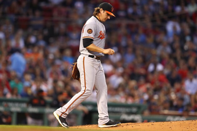 BOSTON, MASSACHUSETTS - AUGUST 17: Asher Wojciechowski #29 of the Baltimore Orioles looks on between pitches against the Boston Red Sox during the second inning at Fenway Park on August 17, 2019 in Boston, Massachusetts. (Photo by Maddie Meyer/Getty Images)