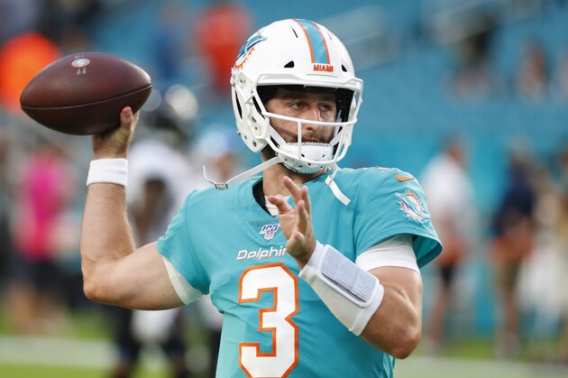 Miami Dolphins quarterback Josh Rosen warms up before the start of an NFL football preseason game against the Jacksonville Jaguars, Thursday, Aug. 22, 2019 in Miami Gardens, Fla. (AP Photo/Wilfredo Lee)