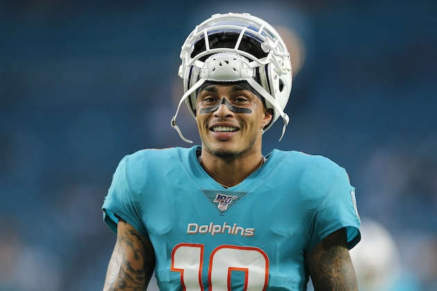 MIAMI, FLORIDA - AUGUST 22:  Kenny Stills #10 of the Miami Dolphins looks on prior to the preseason game against the Jacksonville Jaguars at Hard Rock Stadium on August 22, 2019 in Miami, Florida. (Photo by Michael Reaves/Getty Images)