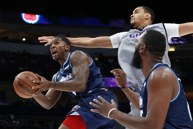 DALLAS, TEXAS - AUGUST 17: Joe Johnson #1 of the Triplets handles the ball against Chris Johnson #3 of the Ghost Ballers during week nine of the BIG3 three on three basketball league at American Airlines Center on August 17, 2019 in Dallas, Texas. (Photo by Ronald Martinez/BIG3 via Getty Images)
