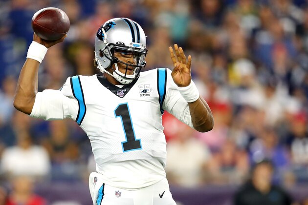 FOXBOROUGH, MASSACHUSETTS - AUGUST 22: Cam Newton #1 of the Carolina Panthers makes a pass during the preseason game between the Carolina Panthers and the New England Patriots at Gillette Stadium on August 22, 2019 in Foxborough, Massachusetts. (Photo by Maddie Meyer/Getty Images)