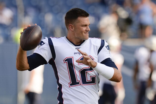 New England Patriots quarterback Tom Brady warms up before a preseason NFL football game against the Tennessee Titans Saturday, Aug. 17, 2019, in Nashville, Tenn. (AP Photo/Mark Zaleski)