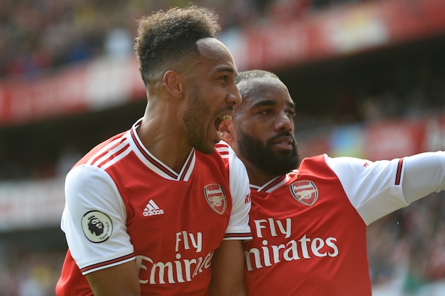 LONDON, ENGLAND - AUGUST 17: Pierre-Emerick Aubameyang of Arsenal celebrates scoring Arsenal's second goal with Alexandre Lacazette of Arsenal during the Premier League match between Arsenal FC and Burnley FC at Emirates Stadium on August 17, 2019 in London, United Kingdom.  (Photo by Kaz Photography/Getty Images)