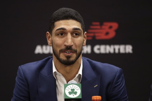 Newly acquired Boston Celtics center Enes Kanter speaks during a news conference at the Celtics' basketball practice facility, Wednesday, July 17, 2019, in Boston. (AP Photo/Elise Amendola)