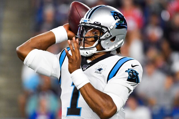 FOXBOROUGH, MA - AUGUST 22: Cam Newton #1 of the Carolina Panthers throws the ball in the first quarter of a preseason game against the New England Patriots at Gillette Stadium on August 22, 2019 in Foxborough, Massachusetts. (Photo by Kathryn Riley/Getty Images)