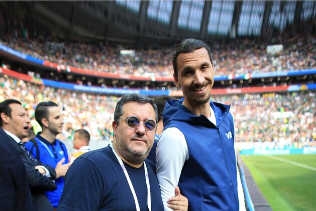 (L-R) Zlatan Ibrahimovic, players agent Mino Raiola during the 2018 FIFA World Cup Russia group F match between Germany and Mexico at the Luzhniki Stadium on June 17, 2018 in Moscow, Russia(Photo by VI Images via Getty Images)