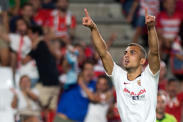 Sevilla's Spanish midfielder Joan Jordan Moreno celebrates after scoring a goal during the Spanish League football match between Granada and Sevilla at the Los Carmenes stadium in Granada on August 23, 2019. (Photo by JORGE GUERRERO / AFP)        (Photo credit should read JORGE GUERRERO/AFP/Getty Images)