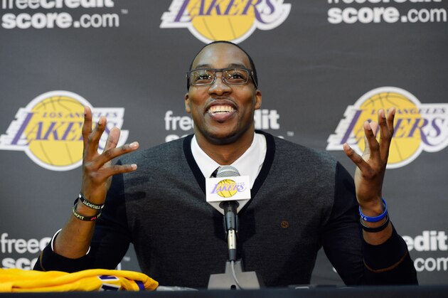 EL SEGUNDO, CA - AUGUST 10:  Dwight Howard speaks after being introduced to the media as the newest member of the Los Angeles Lakers during a news conference at the Toyota Sports Center on August 10, 2012 in El Segundo, California. The Lakers acquired Howard from Orlando Magic in a four-team trade. In addition Lakers wil receive Chris Duhon and Earl Clark from the Magic.  (Photo by Kevork Djansezian/Getty Images)