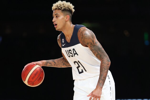 MELBOURNE, AUS - AUGUST 22: Kyle Kuzma #21 of Team USA handles the ball against the Australia Boomers on August 22, 2019 at Marvel Stadium in Melbourne, Australia. NOTE TO USER: User expressly acknowledges and agrees that, by downloading and/or using this photograph, user is consenting to the terms and conditions of the Getty Images License Agreement. Mandatory Copyright Notice: Copyright 2019 NBAE  (Photo by Joe Murphy/NBAE via Getty Images)