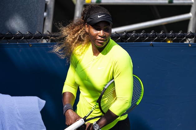 NEW YORK, NEW YORK - AUGUST 21:  Serena Williams of the United States talks to Pam Shriver after a practice session with her coach Patrick Moratoglou before the US Open at USTA Billie Jean King National Tennis Center on August 21, 2019 in New York City. (Photo by TPN/Getty Images)