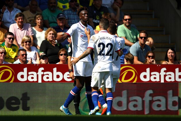 NORWICH, ENGLAND - AUGUST 24: Tammy Abraham of Chelsea celebrates scoring his team's third goal during the Premier League match between Norwich City and Chelsea FC at Carrow Road on August 24, 2019 in Norwich, United Kingdom. (Photo by Julian Finney/Getty Images)