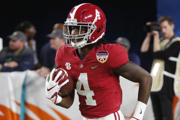 Alabama wide receiver Jerry Jeudy (4) warms up before the Orange Bowl NCAA college football game against Oklahoma , Saturday, Dec. 29, 2018, in Miami Gardens, Fla. (AP Photo/Wilfredo Lee)