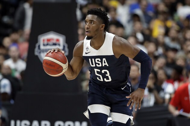 United States' Donovan Mitchell during the second half of an exhibition basketball game Against Spain Friday, Aug. 16, 2019, in Anaheim, Calif. (AP Photo/Marcio Jose Sanchez)