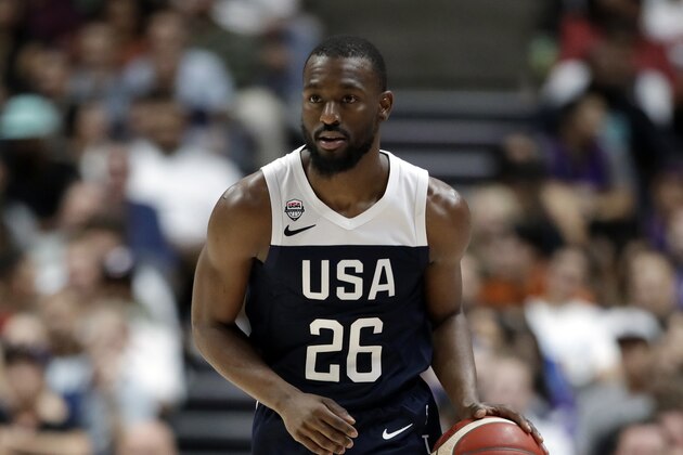 FILE - In this Aug. 16, 2019, file photo, United States' Kemba Walker is shown during the second half of an exhibition basketball game against Spain in Anaheim, Calif. The Boston Celtics will have at least three and possibly four players on the final 12-man roster that USA Basketball will take to China next week for the FIBA World Cup. So these Team USA practices have been a get-to-know-you bonus of sorts for new Celtics guard Kemba Walker and Boston teammates Jayson Tatum, Jaylen Brown and Marcus Smart. (AP Photo/Marcio Jose Sanchez, File)