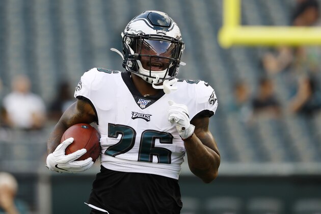 Philadelphia Eagles' Miles Sanders warms up before a preseason NFL football game against the Baltimore Ravens, Thursday, Aug. 22, 2019, in Philadelphia. (AP Photo/Michael Perez)