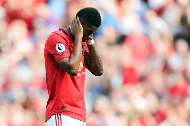 MANCHESTER, ENGLAND - AUGUST 24: Marcus Rashford of Manchester United misses a second half penalty during the Premier League match between Manchester United and Crystal Palace at Old Trafford on August 24, 2019 in Manchester, United Kingdom. (Photo by Matthew Ashton - AMA/Getty Images)