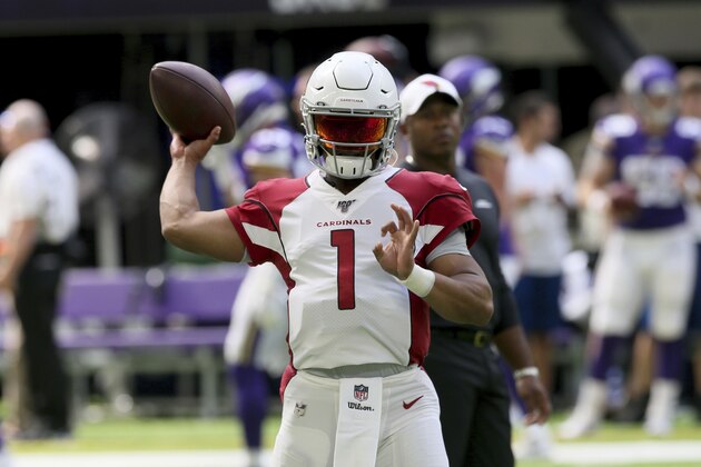 Arizona Cardinals quarterback Kyler Murray warms up before an NFL preseason football game against the Minnesota Vikings, Saturday, Aug. 24, 2019, in Minneapolis. (AP Photo/Jim Mone)