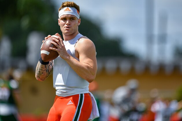 MIAMI, FL - APRIL 13: Tate Martell #18 of the Miami Hurricanes warms up before the annual Spring Game at Nathaniel Traz-Powell Stadium on April 13, 2019 in Miami, Florida. (Photo by Mark Brown/Getty Images)