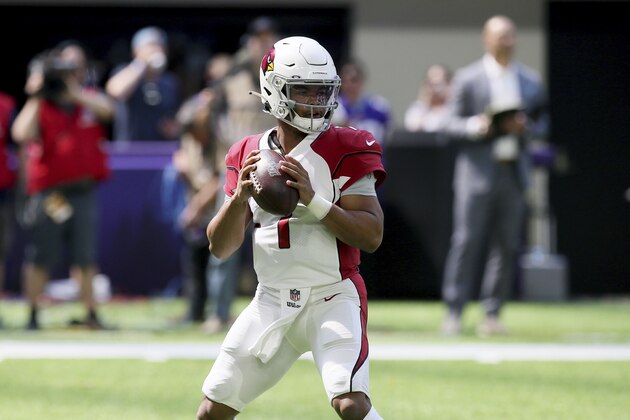 Arizona Cardinals quarterback Kyler Murray throws a pass during the first half of an NFL preseason football game against the Minnesota Vikings, Saturday, Aug. 24, 2019, in Minneapolis. (AP Photo/Jim Mone)