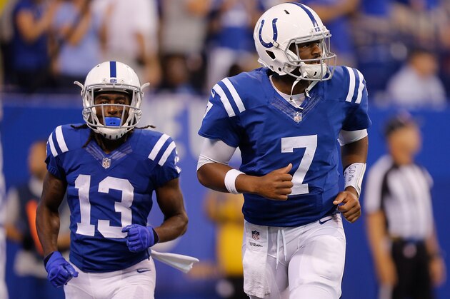 INDIANAPOLIS, IN - SEPTEMBER 24:  Jacoby Brissett #7 and T.Y. Hilton #13 of the Indianapolis Colts in action against the Cleveland Browns at Lucas Oil Stadium on September 24, 2017 in Indianapolis, Indiana.  (Photo by Michael Reaves/Getty Images)