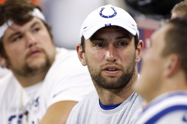 INDIANAPOLIS, INDIANA - AUGUST 17: Andrew Luck #12 of the Indianapolis Colts on the sidelines during the preseason game against the Cleveland Browns at Lucas Oil Stadium on August 17, 2019 in Indianapolis, Indiana. (Photo by Justin Casterline/Getty Images)