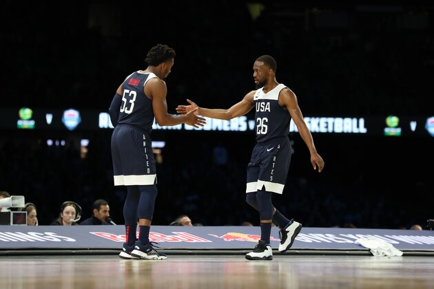 MELBOURNE, AUS - AUGUST 24: Donovan Mitchell #53 of Team USA and Kemba Walker #26 celebrate after a play during the game against the Australian Boomers on August 24, 2019 at Marvel Stadium in Melbourne, Australia. NOTE TO USER: User expressly acknowledges and agrees that, by downloading and/or using this photograph, user is consenting to the terms and conditions of the Getty Images License Agreement. Mandatory Copyright Notice: Copyright 2019 NBAE  (Photo by Nathaniel S. Butler/NBAE via Getty Images)