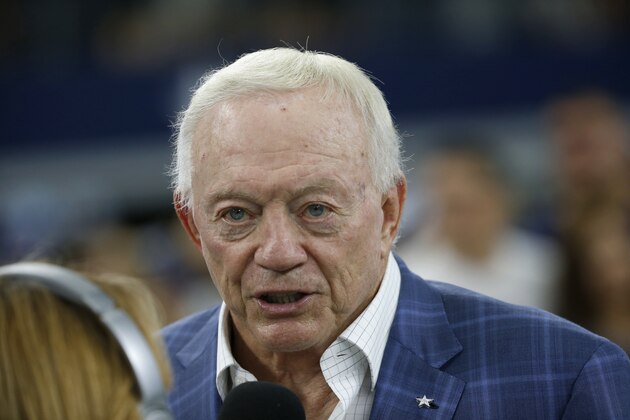 Dallas Cowboys team owner Jerry Jones talks to a broadcast reporter before a preseason NFL football game against the Houston Texans in Arlington, Texas, Saturday, Aug. 24, 2019. (AP Photo/Ron Jenkins)