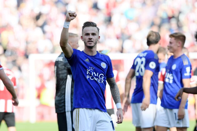 SHEFFIELD, ENGLAND - AUGUST 24: James Maddison of Leicester City celebrates victory after the Premier League match between Sheffield United and Leicester City at Bramall Lane on August 24, 2019 in Sheffield, United Kingdom. (Photo by Ross Kinnaird/Getty Images)