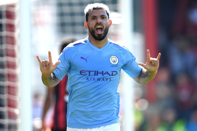 BOURNEMOUTH, ENGLAND - AUGUST 25: Sergio Aguero of Manchester City celebrates after scoring his team's third goal during the Premier League match between AFC Bournemouth and Manchester City at Vitality Stadium on August 25, 2019 in Bournemouth, United Kingdom. (Photo by Mike Hewitt/Getty Images)