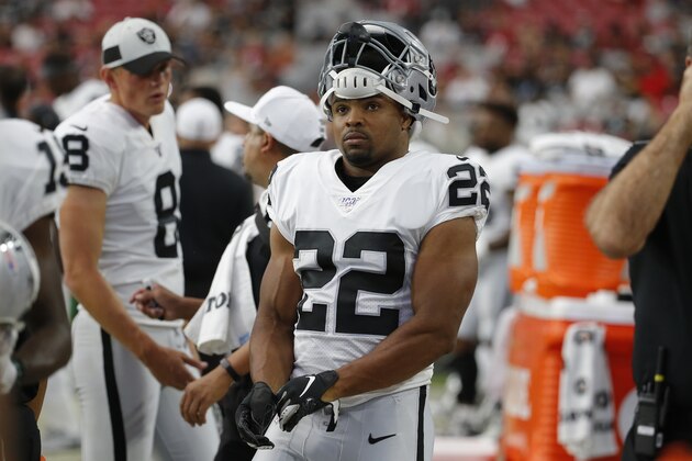 Oakland Raiders running back Doug Martin (22) during an an NFL preseason football game against the Arizona Cardinals, Thursday, Aug. 15, 2019, in Glendale, Ariz. The Raiders won 33-26. (AP Photo/Rick Scuteri)