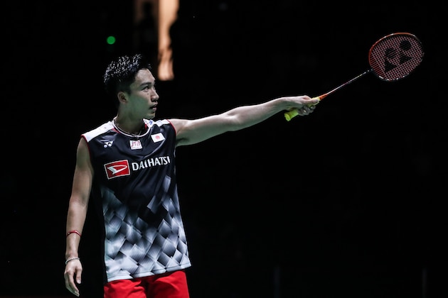 BASEL, SWITZERLAND - AUGUST 25: Kento Momota of Japan reacts in the Men's Single final match against Anders Antonsen of Denmark during day seven of the Total BWF Badminton World Championships at St. Jakobshalle on August 25, 2019 in Basel, Switzerland. (Photo by Shi Tang/Getty Images)